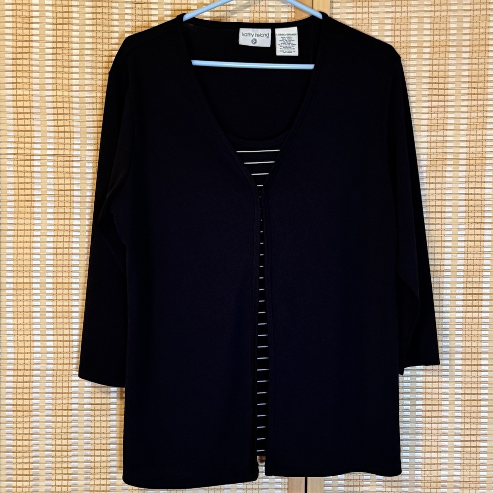Kathy Ireland Womens L Blouse 3/4 Sleeves Black Gold Office Grannycore Party Y2K